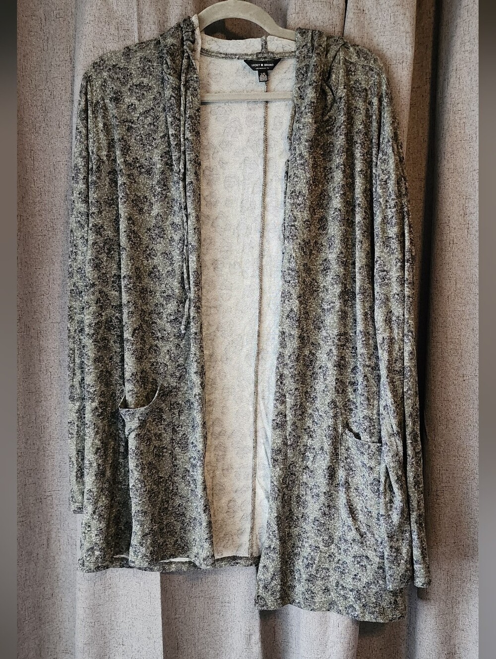 Lucky Brand Gray Patterned Open‑Front Cardigan L/G – Cozy Knit Boho Layer
